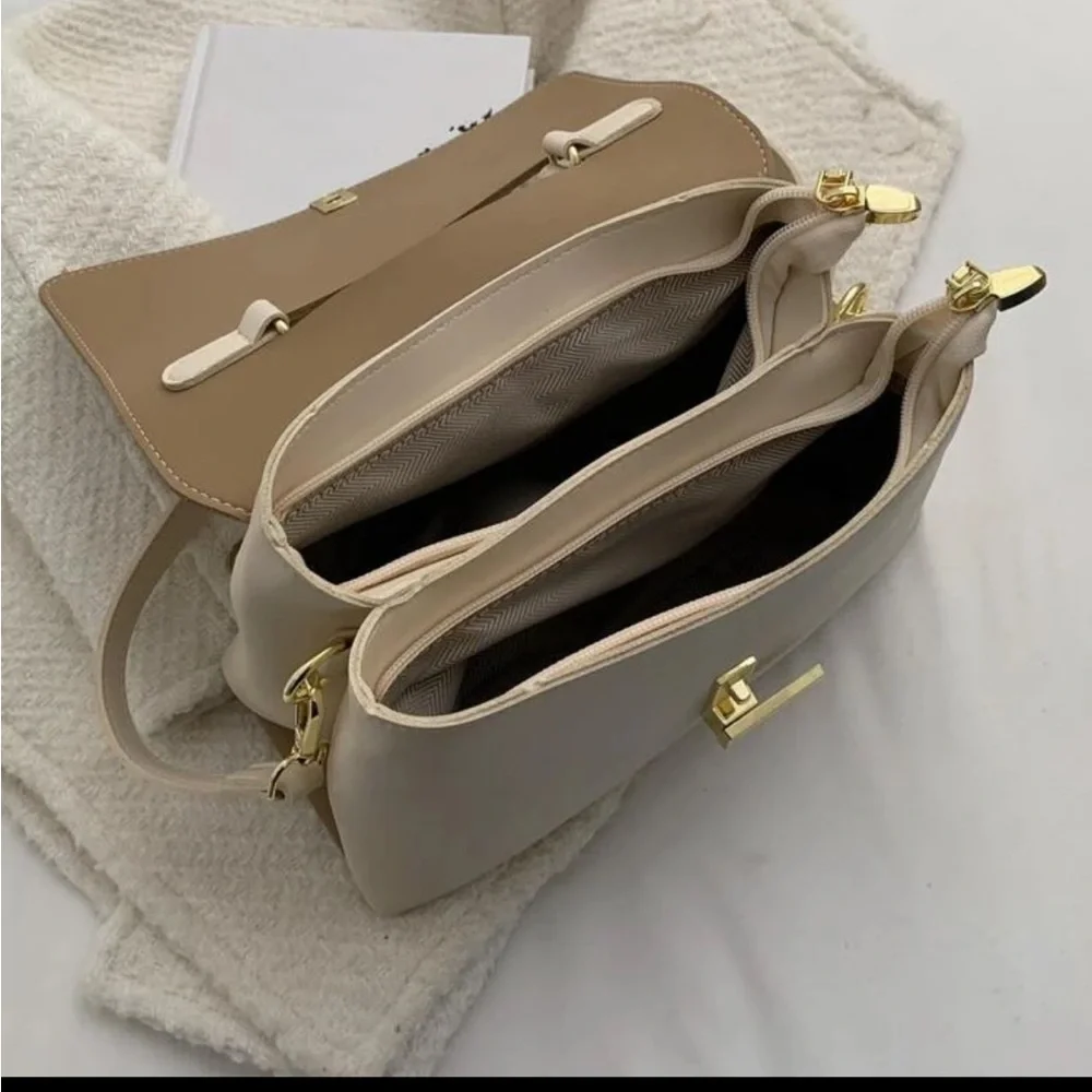 Cream Beige Two Tone Bag with Strap and Gold Clasp - Picture 3 of 7